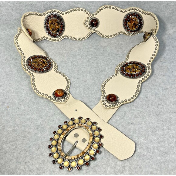 Vintage LEATHEROCK Cream Leather Tiger‎ Eye Moonstone Hip Belt Rockabilly Hippie